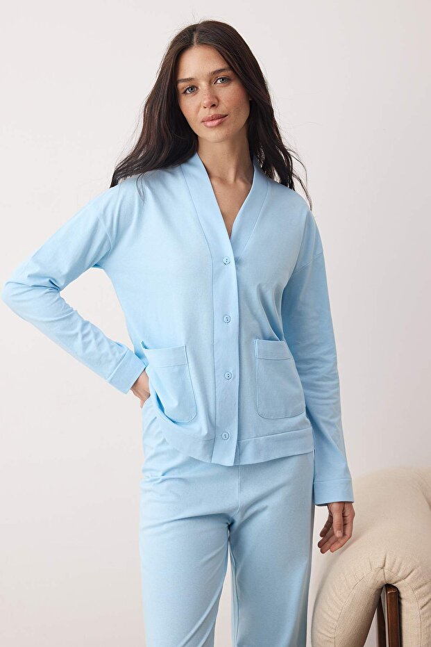 Mavi %100 Pamuklu Cep ve Manşetli Örme Pijama Takımı THMAW26PT00230 - 2