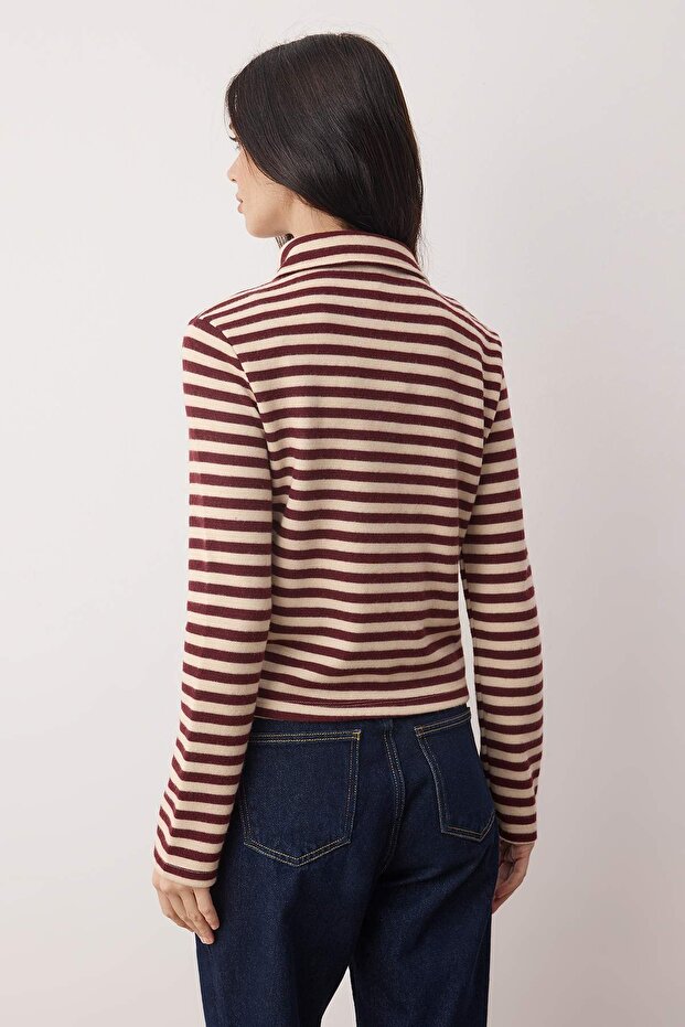 Ekru Çizgili Selanik Düğmeli Fitted/Vücuda Oturan Polo Yaka Örme Bluz TWOAW26BZ00342 - 4