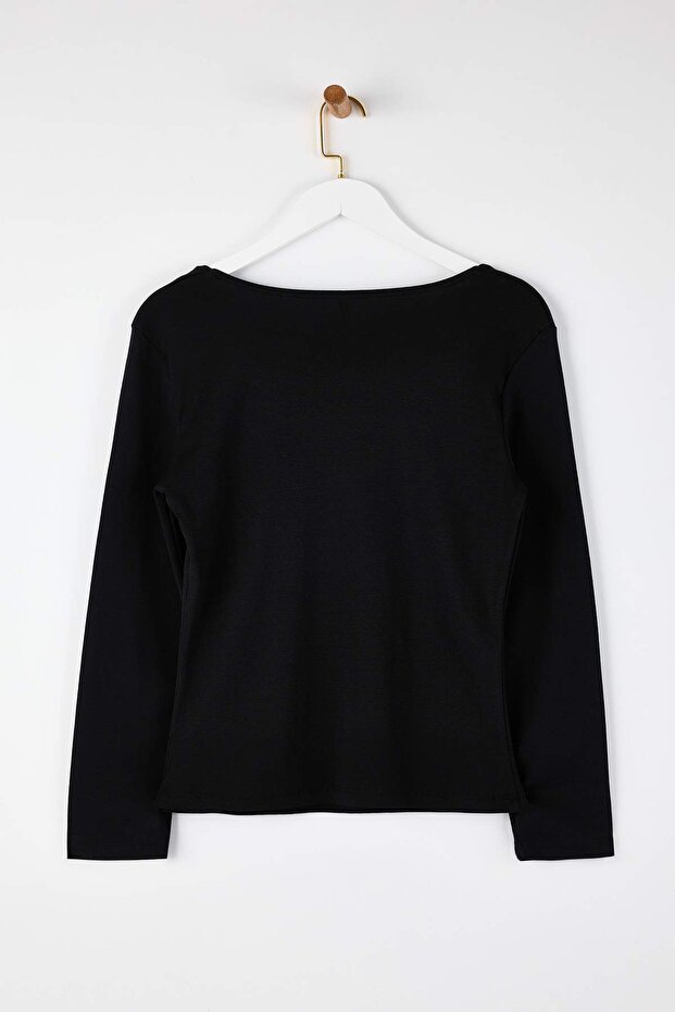 Siyah Basic Kare Yaka Örme Büyük Beden Bluz TBBAW26AF00133 - 6