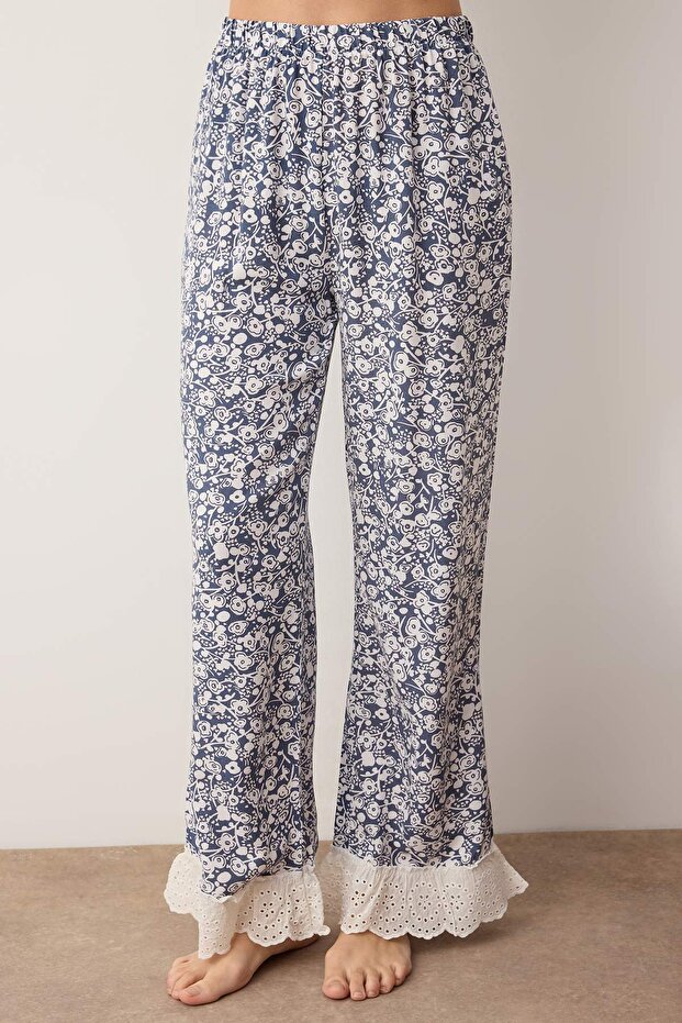 Mavi Çiçekli Viskon Dokuma Pijama Takımı THMAW26PT00185 - 3