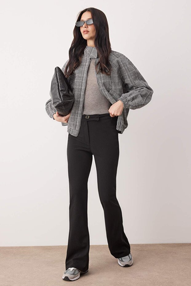 Siyah Wide Leg/Geniş Paça Kemer Detaylı Krep Esnek Örme Pantolon TWOAW26PL00040 - 1