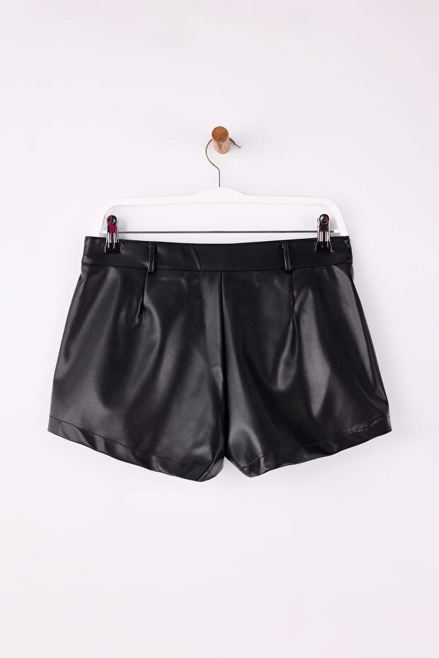 Siyah Suni Deri Ekstra Mini Şort TPRAW26SR00004 - 6