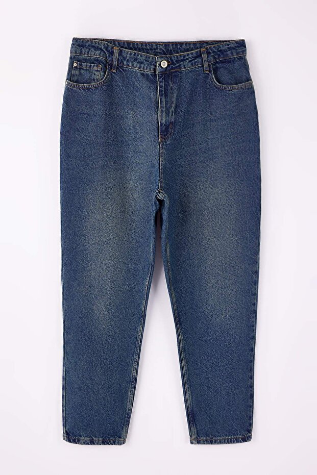 Mavi Yüksek Bel Mom Fit %100 Pamuk Denim Büyük Beden Jeans TBBSS23CJ00038 - 5