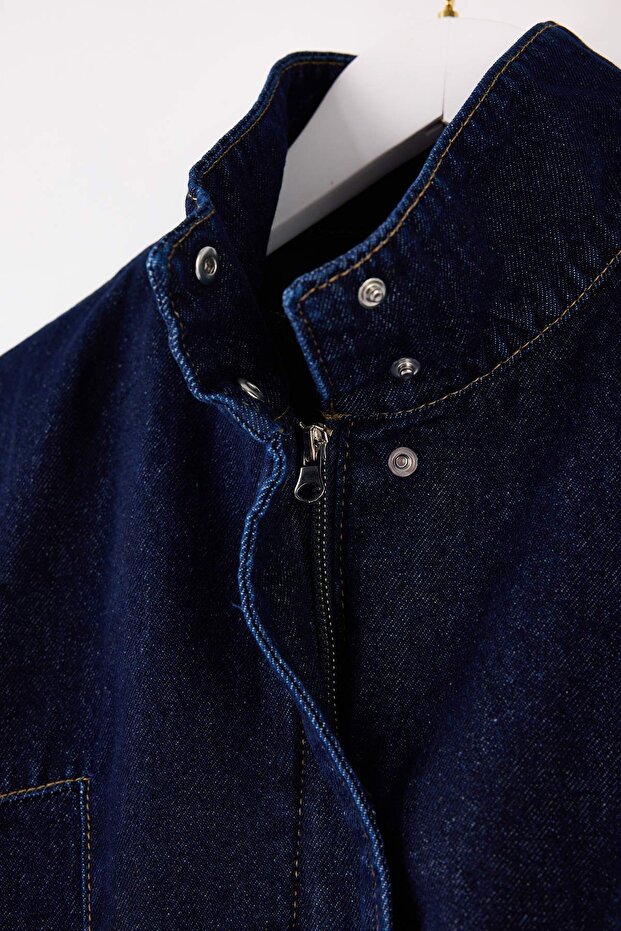 Koyu Mavi Dik Yaka Bomber 100% Pamuk Denim Ceket TWOSS26CE00003 - 8