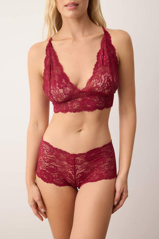 Bordo 3'lü Tül Dantel Detaylı Kapsız Örme Sabahlık+İç Çamaşırı Takımı THMAW26CC00013 - 4