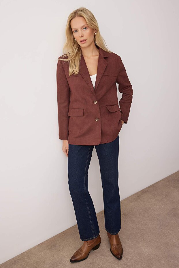 Kahverengi*001 Rahat Kalıp Dokuma Süet Blazer Ceket TWOAW26BC00001 - 2