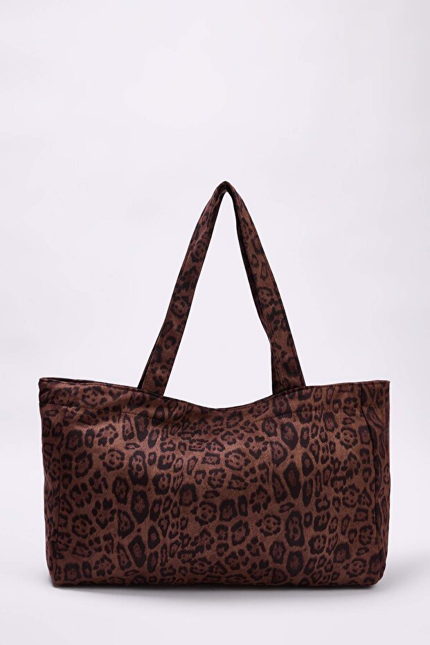 Kahverengi Leopar Desenli Maksi Tote Kadın Maksi Boy Omuz Çantası TAKAW26OC00093 - 3