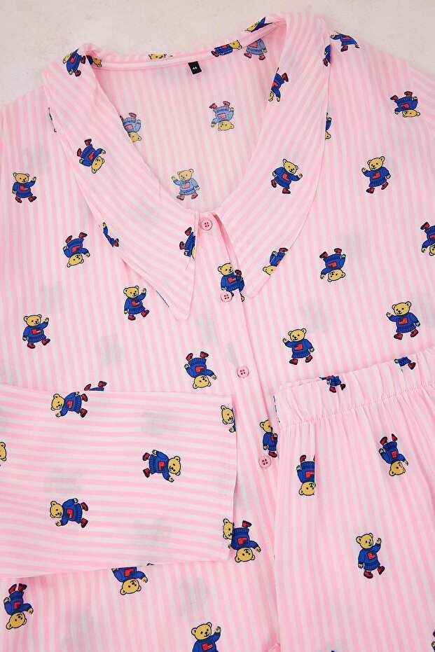 Pembe Çizgi&Kalp Desenli Gömlek Yaka Dokuma Pijama Takımı TBBAW26AI00029 - 5