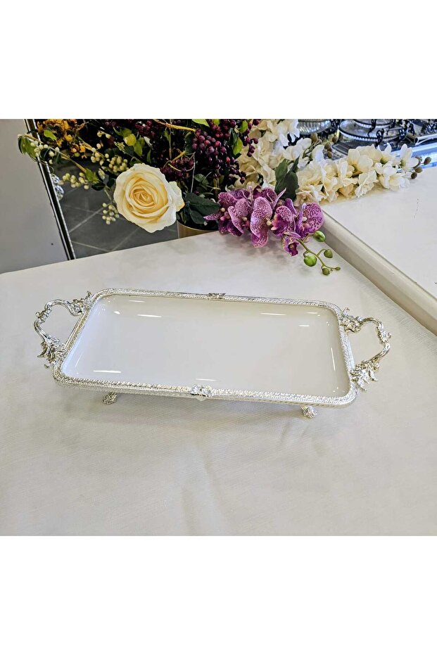 Cast Edge Frameded Footed Porcelain Presentation Plate 30*14 Silver