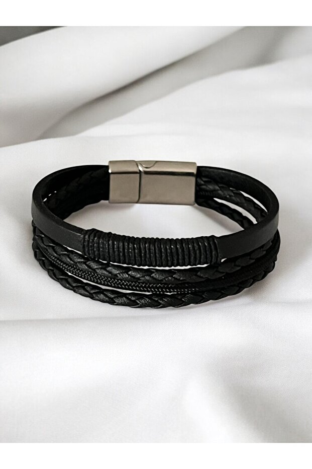 Men's Leather Bracelet - Handmade Genuine Leather - Black Leather Braided Leather and Rope Wrapped 4 Pieces
