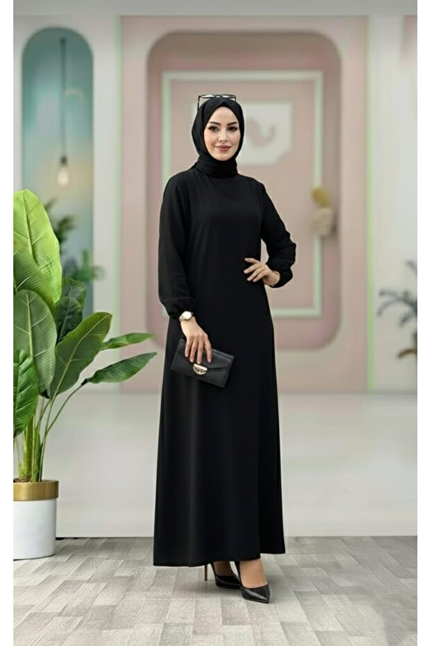 Long Hijab Dress with Belt Detail and Elastic Sleeves