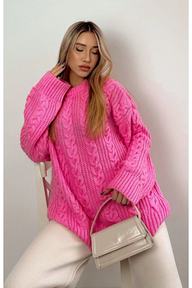 Women's Hair Braid Patterned Oversize Soft Long Sleeve Knitwear Sweater