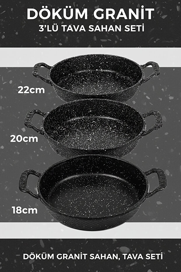 Cast Granite, 3-Piece Frying Pan Set. 18cm 20cm 22cm. Cast Iron Skillet, Pan Set.