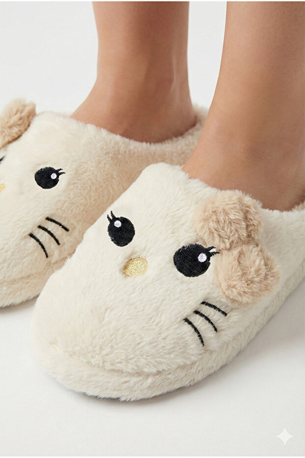 Hello Figured Ribbon Detailed Fluffy Animal Figured Slippers Women's Home Slippers