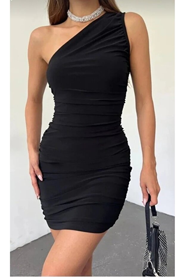 Women's One-Shoulder Drape Detail Flexible Fabric Double Layer Mini Dress