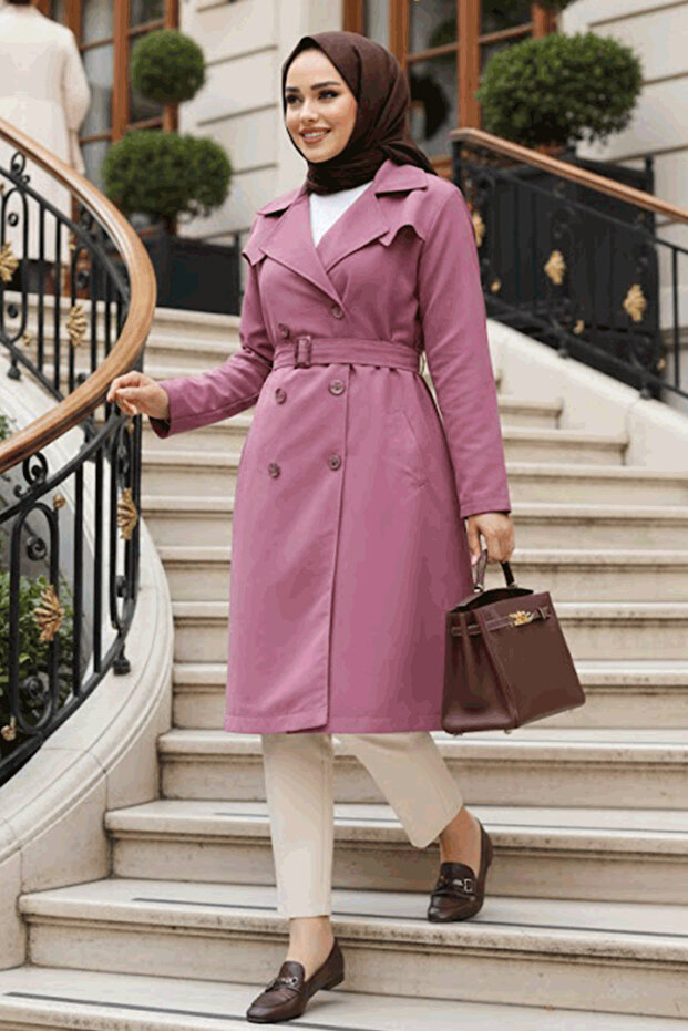 Belted rose dust hijab trench coat 61221gk