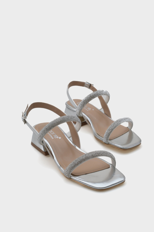 Coral Blunt Toe Stone Double Thick Strap Short Heeled Mirror Fabric Women's Sandals