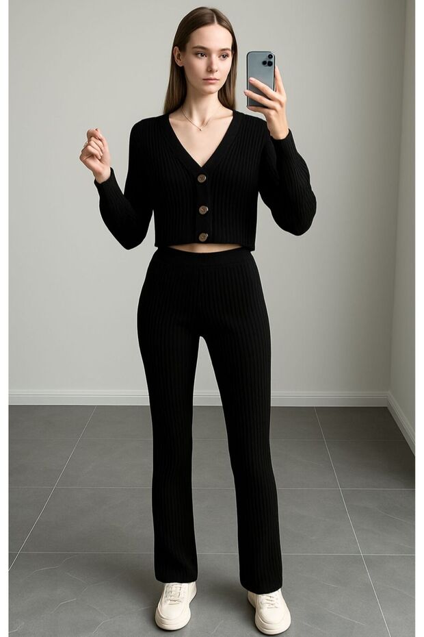 Women's Black Ribbed Knitted Fabric V-Neck Buttoned Crop Sweatshirt Loose Fit Casual Tracksuit Set