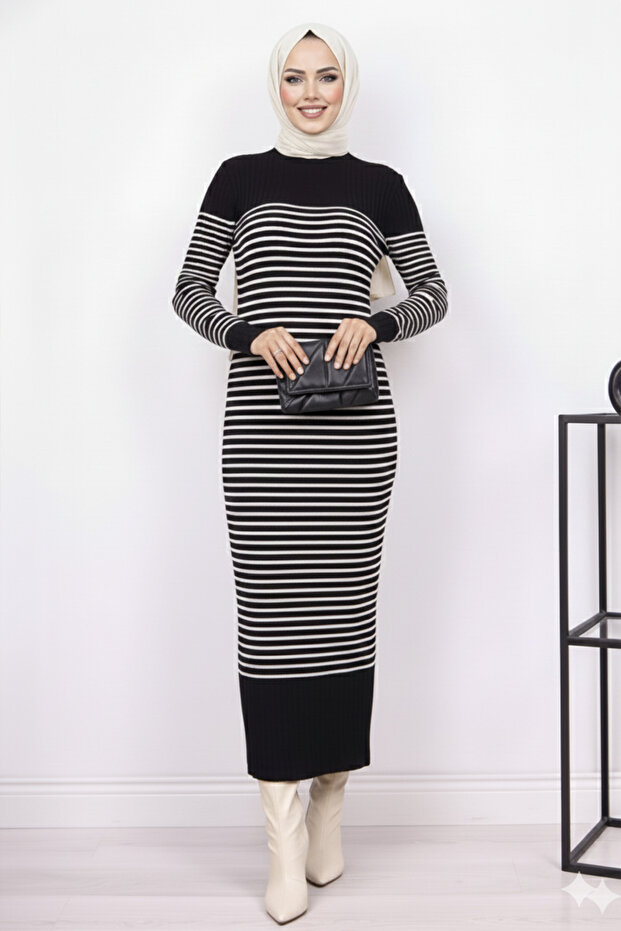 6104 Turtleneck Striped Dress Black
