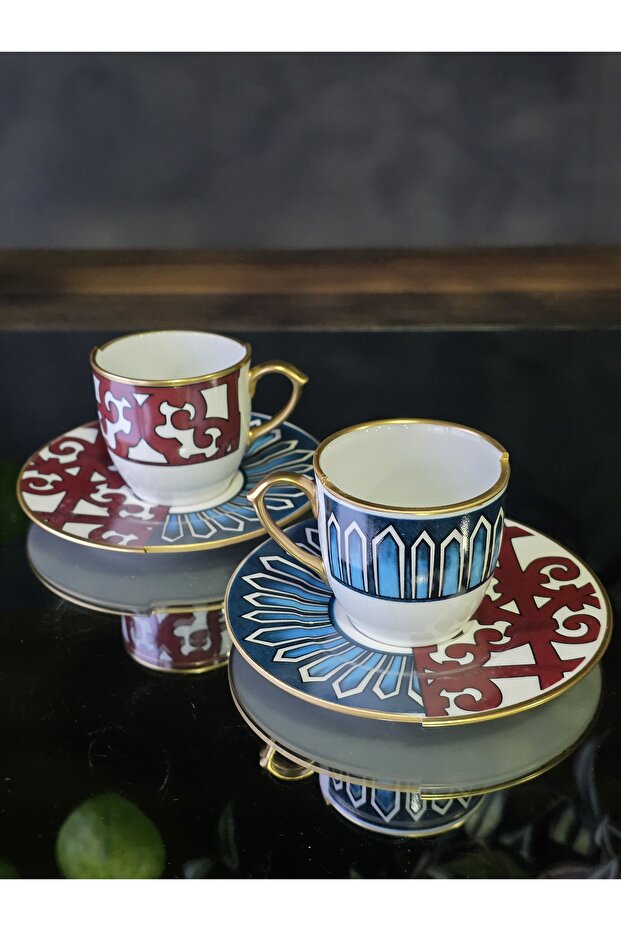 Handmade 4 Piece Porcelain Turkish Coffee Cup Set for 2 People Olivia Series