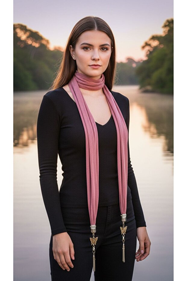 Height 180 cm Butterfly Tailed Combed Cotton Women's Scarf Pink