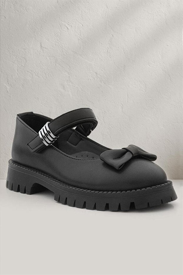 Black Matte Thick Sole Metal Detailed Velcro Girls' Ballerinas