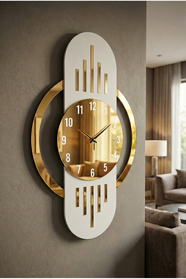 AA Shop Beyaz Renk Gold Altın Sayılı Yılbaşı Hediyelik Ahşap Dekoratif Sessiz Büyük Boy Duvar Saati 70cm