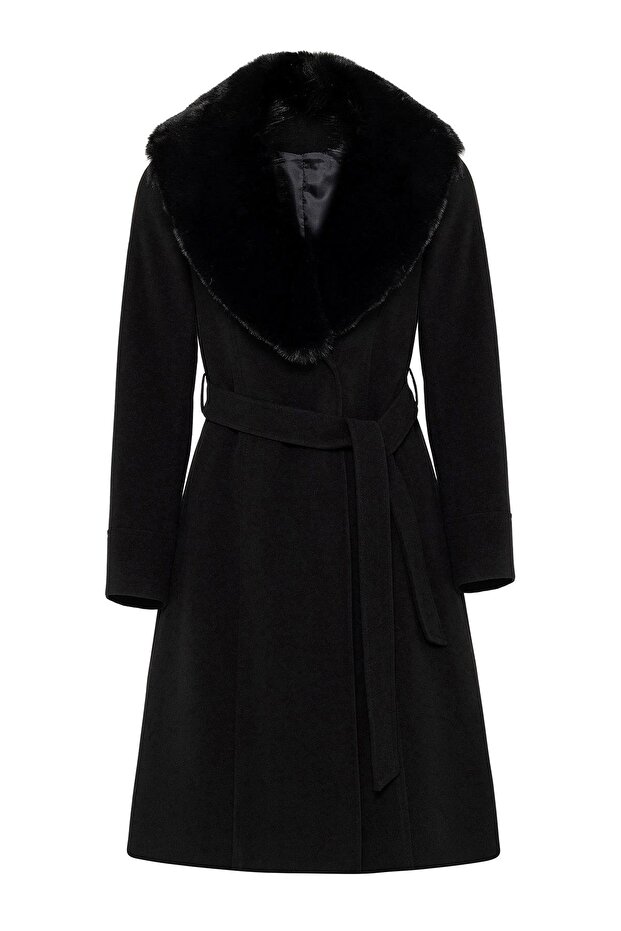 Fur Collar and Snap Closure Coat with Detachable Waist Belt Black 3016