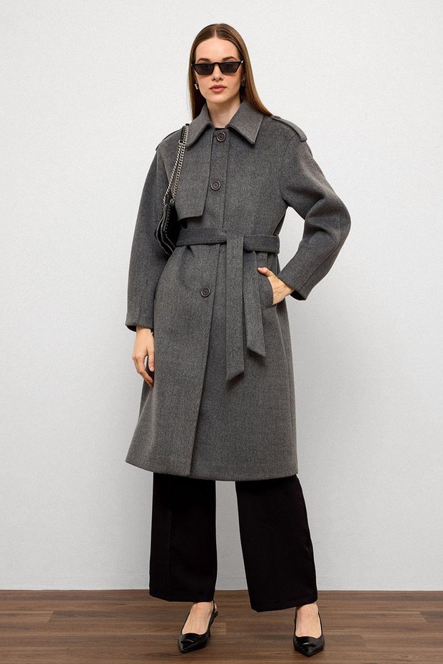 Shirt Collar Punto Stitching Detailed Premium Coat Gray 3125