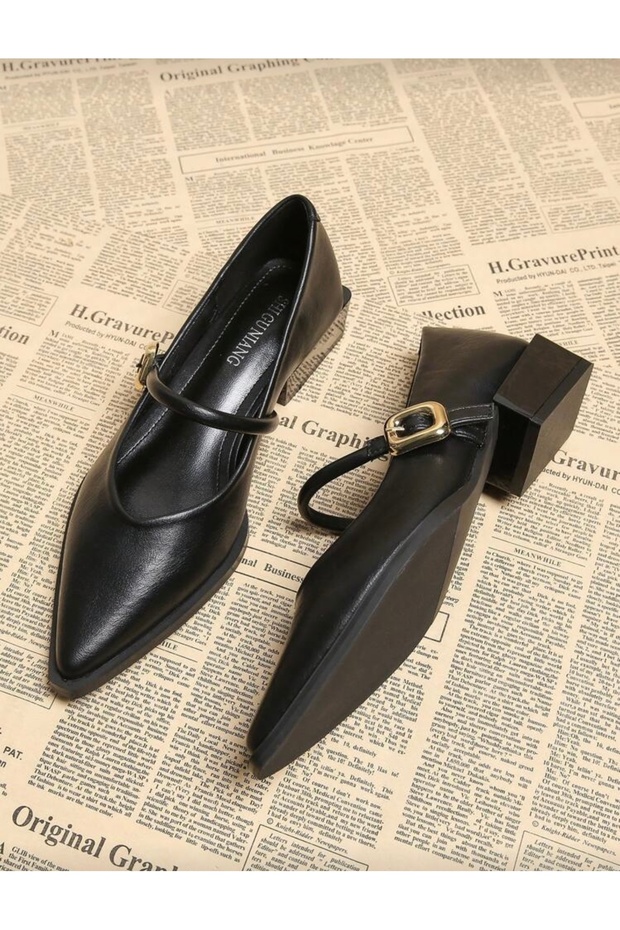 Women's Gold Buckled Leather Dyed High-Heeled Shoes 4 cm