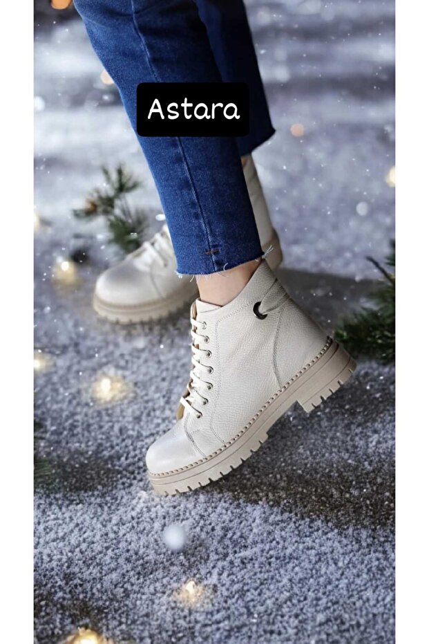 (Astara) Genuine Leather Adjustable Lace Detailed Zippered Inside Orthopedic Ankle Boots