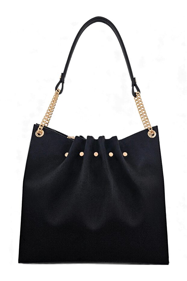 Black Nubuck Chain Detailed Pleated Women's Shoulder Bag