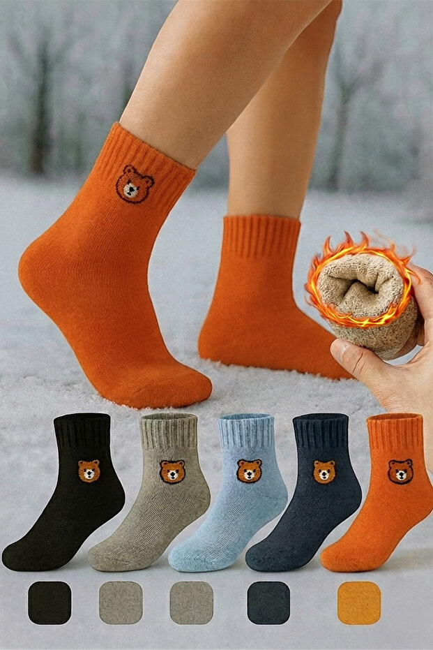Winter Teddy Bear Patterned Thermal Women's Towel Socks Set 3 Pairs