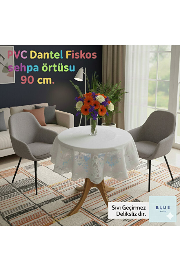 Lace Motif Appearance Hole-Free Pvc Fiskos Coffee Table Cover 90 cm Round-White