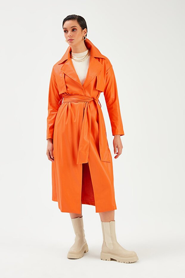 Belted Long Leather Trench - Orange