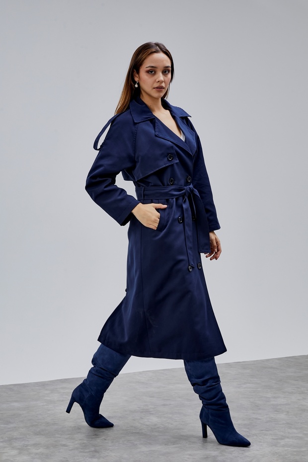 Women's Navy Blue Oversize Trench Coat – Lined Long Double-Breasted Belted Trench Coat with Double Pockets |