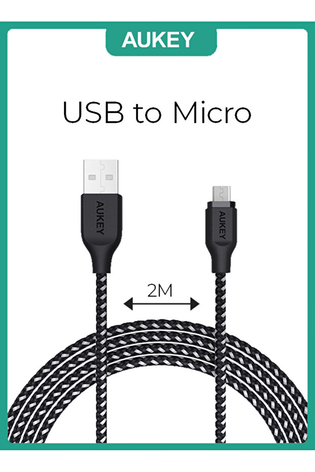 كابل USB 2.0 إلى Micro USB مضفر من النايلون بطول 2 متر AM2 أسود
