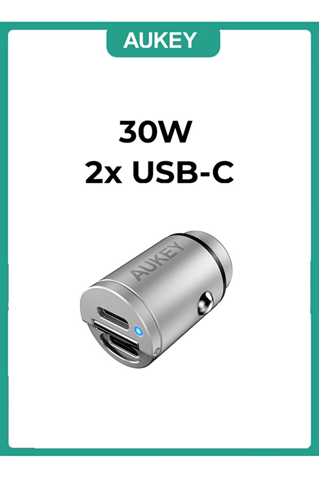 شاحن سيارة PD Nano بقوة 30 وات بمنفذين USB-C A4 فضي