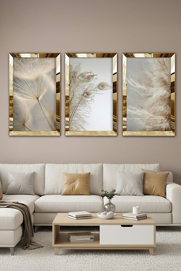 Gold Mirrored Plexi Framed Collage Drawing Triple MDF Board Set