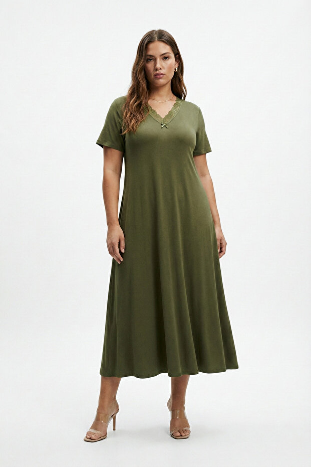 Bamboo Fabric Lace Collar Detail Flared Dress 7XL