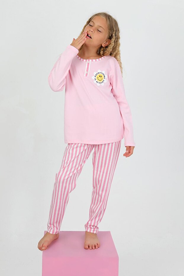 Girl's Long Sleeve 100% Cotton Button Detailed Pajama Set Love Me