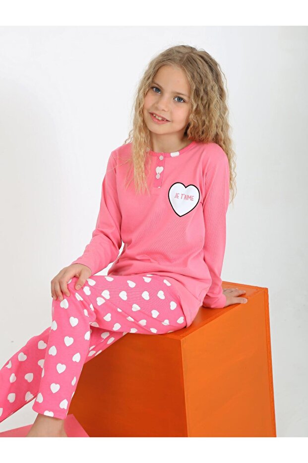 Girls' Long Sleeve 100% Cotton Button Detailed Pajama Set Je t'Aime