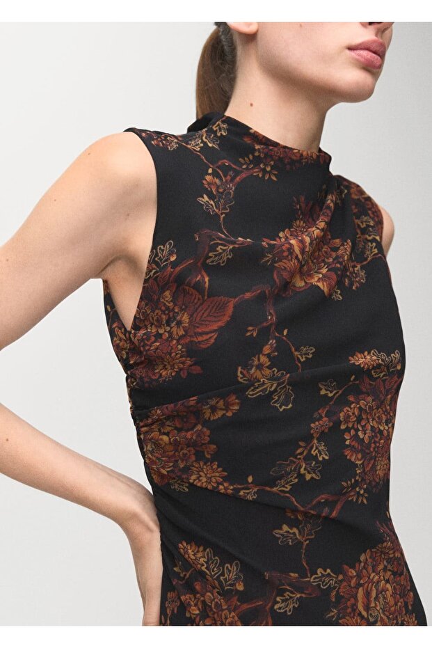 Çiçek desenli drape elbise - 5