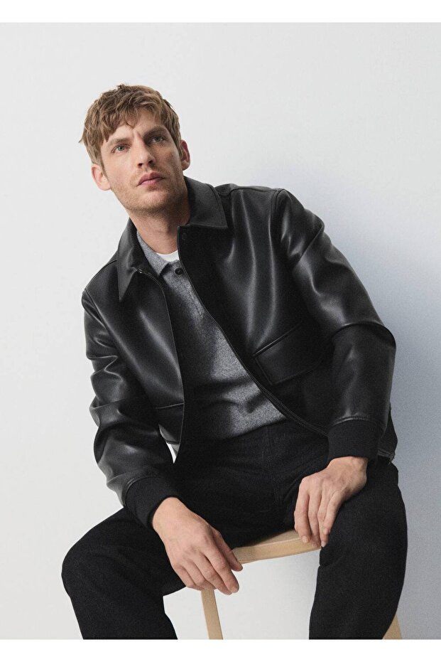 Deri görünümlü cepli ceket - 5