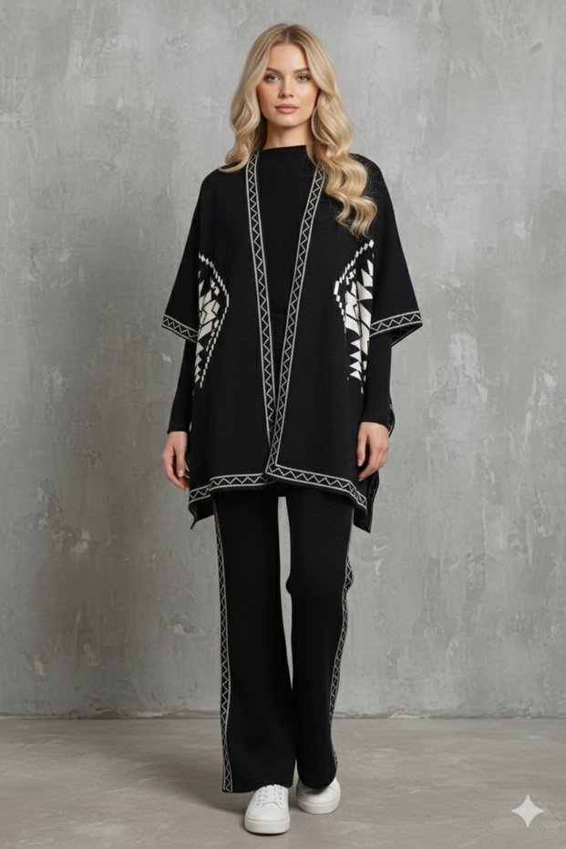 Women's Three-Piece Ethnic Pattern Poncho Knit Set