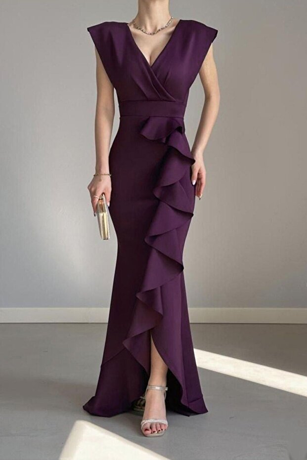 Women's Plum Scuba Diving Fabric Double-Breasted Collar Skirt Flared Evening Dress Graduation Wedding Dress