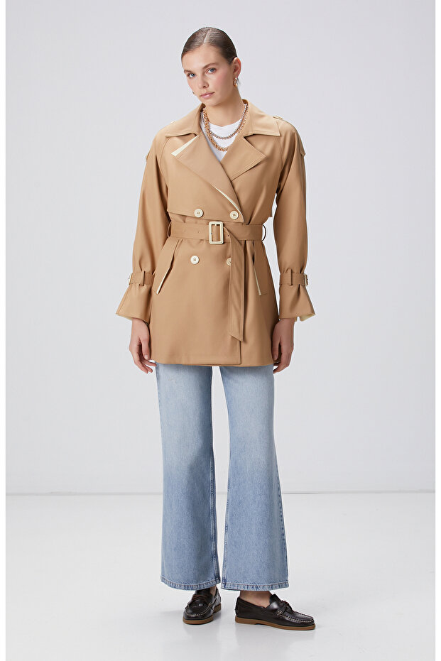 Bej Kruvaze Trench Coat - 3