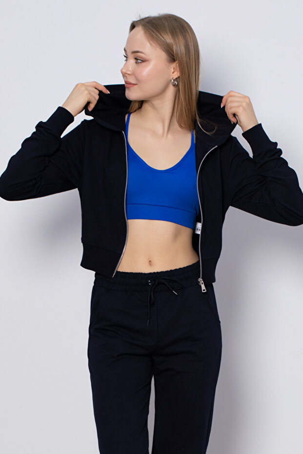 Hooded Short Slim Sweatshirt - Navy Blue