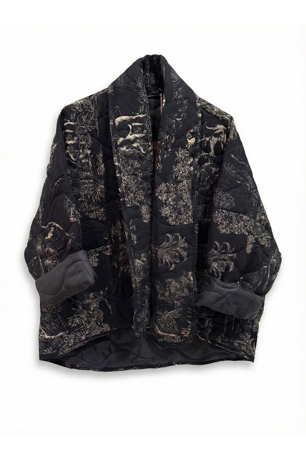 Women's Black Italian Floral Patterned Cotton O Oversized Quilted Kimono & Kaftan