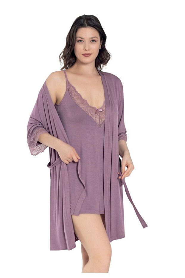 Women's Rope Strap Nightgown and Dressing Gown Set / Lilac 16216